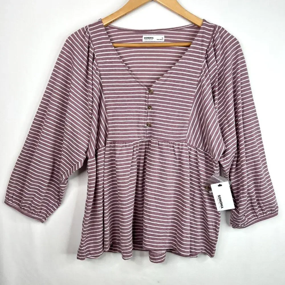 NWT Sonoma Goods for Life Purple Stripe Baby Doll Peasant Top Small - Picture 2 of 9